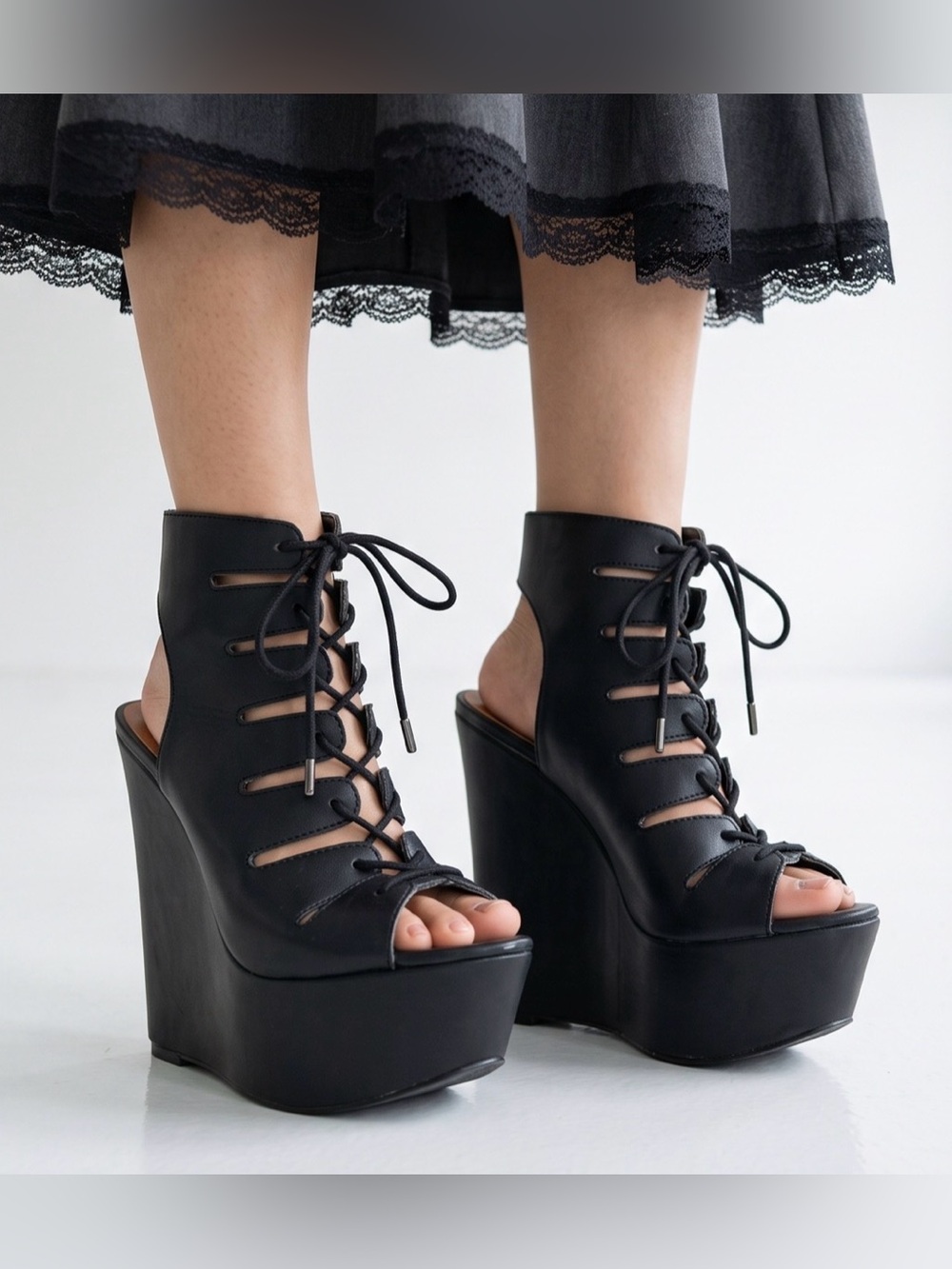 NASTY GAL Black Lace Up Gladiator Platform Wedge Boots Whimsigoth Punk Bold Sz 6 - Picture 8 of 16